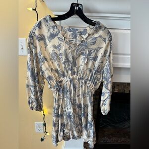 SANDRO Josella Blue & Creme Floral Linen Mini Dress Size 1 - XS Retail $563